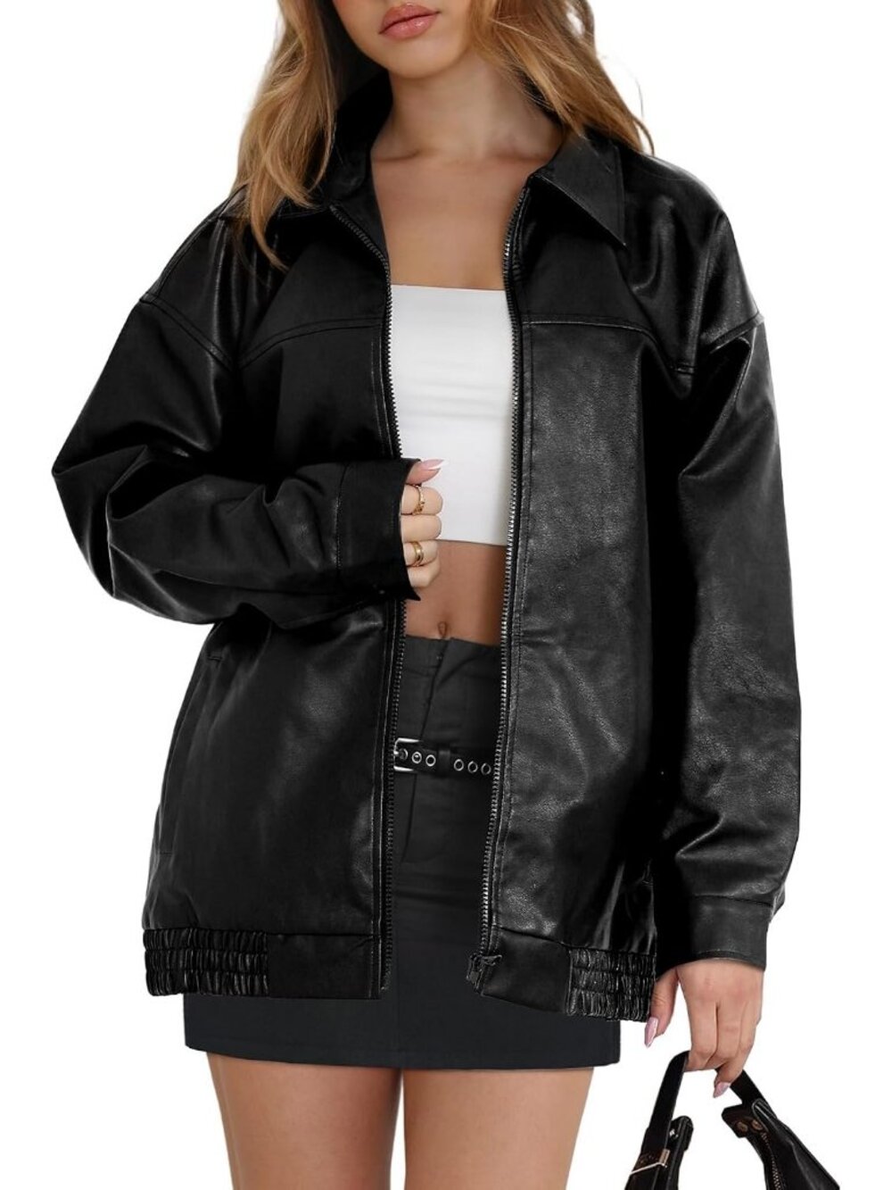 Women's Black Oversized Moto Biker Fall Winter Faux Suede Leather Causal Jacket